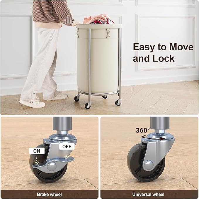 ELYKEN Laundry Hamper with Wheels, 110L Rolling Laundry Basket, Round Laundry Cart with Steel Frame and Removable Bag, 4 Casters and 2 Brakes, Dirty Clothes Hamper for Hotel, Home, Closet, Dorm, Cream