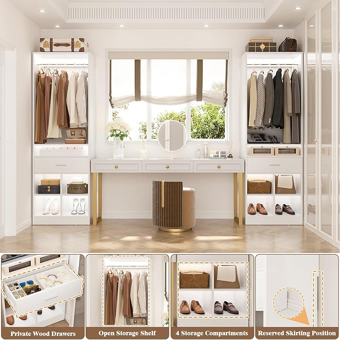 Unikito Freestanding Closet System with Wood Drawer and 4 Cubby Storage, Closet Organizer with Hanging Rods & Shelves, 25‘’W X 80'' H Clothes Garment Rack, Walk in Closet Tower Wardrobe, White