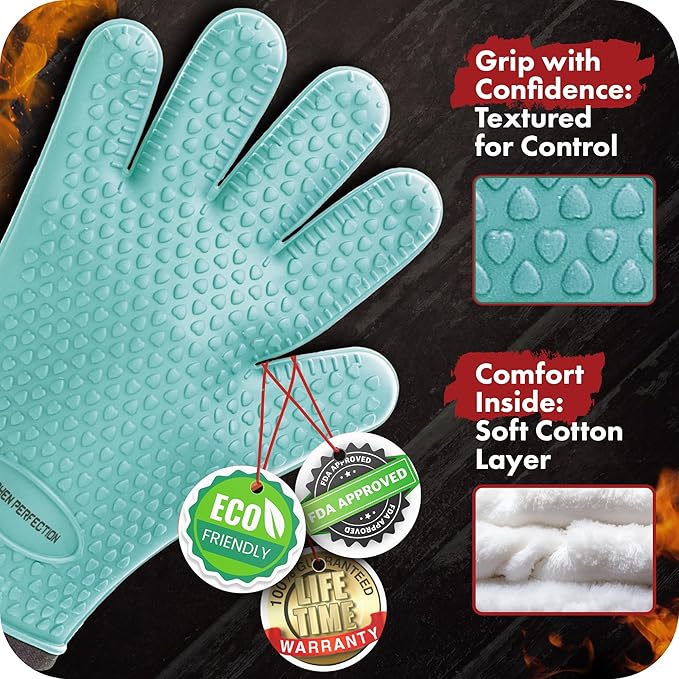 KITCHEN PERFECTION Silicone Smoker Oven Gloves -Extreme Heat Resistant BBQ Gloves -Handle Hot Food Right on Your Smoker Grill Fryer Pit|Waterproof Oven Mitts Grill Gloves |Superior Value Set+3 Bonuses