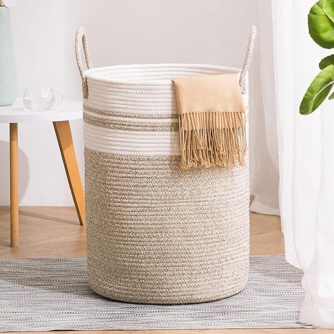 YOUDENOVA Woven Rope Laundry Hamper Basket, 72L Tall Luandry Basket, Baby Nursery Hamper for Blanket Storage, Clothes Hamper for Laundry in Bedroom-Large-Brown