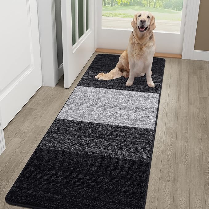 Kitinjoy Indoor Outdoor Door Mat, 48x30 Non-Slip Absorbent Dirt Trapper, Low-Profile Washable Inside Entrance Front Floor Mat, Sturdy Soft Entry Doormats for Entryway, Black