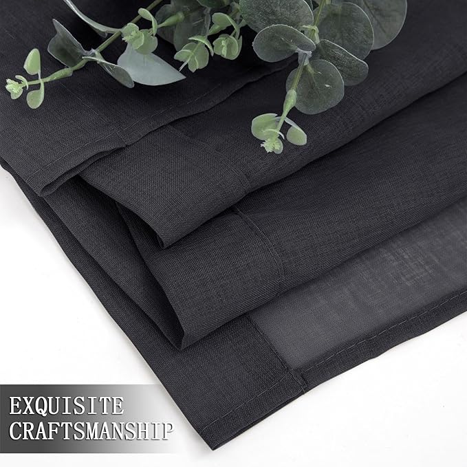 Tollpiz Short Sheer Curtain Living Room Linen Textured Curtains Sheer Light Filtering Voile Rod Pocket Curtain for Bedroom, 38 x 54 inches Long, Black, Set of 2 Panels
