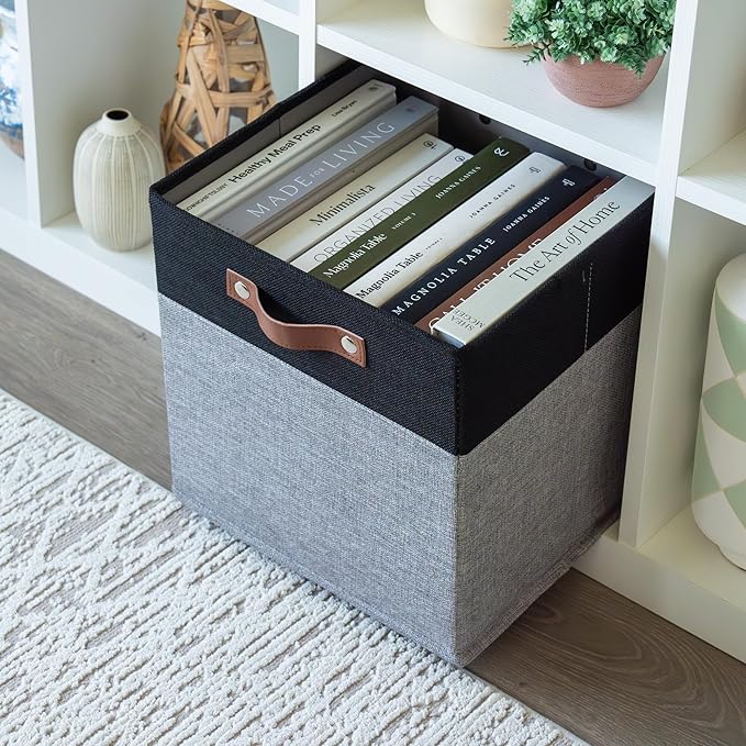 OrganiHaus 12x12 Fabric Storage Bins - Set of 4, Cube Fabric Organizer Bins with Vegan Handles, Kallax Storage Cubes, Cubbies Organizer Boxes, 12Inch Cubic Baskets for Shelves - Grey/Black