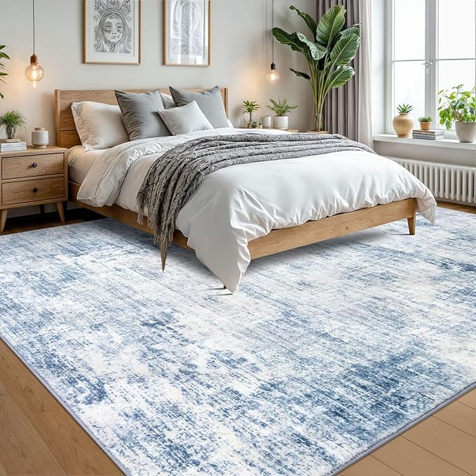 IOHOUZE Abstract Area Rugs 9x12 Ft Washable Large Rugs for Living Room, Non Slip Dining Room Rug, Printed Faux Wool Rugs for Bedroom, Floor Carpet for Office Nursery Playroom, Light Blue White