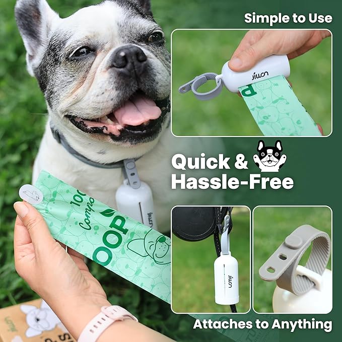 JIWON Dog Poop Bag Dispenser with 100% Compostable Refill Roll, Thick & Leakproof, Plant-Based, Fits Any Leash, 1 Dispenser and 15 Bags (1 Roll), Unscented