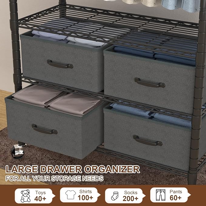 Clothes Rack, Heavy Duty Clothing Rack for Hanging Clothes, 4-Tier Adjustable Closet Organizer with 4 Drawers | Hanging Rod | Side Hooks | Load 445lbs | 15.7" D x 35.4" W x 74.1" H