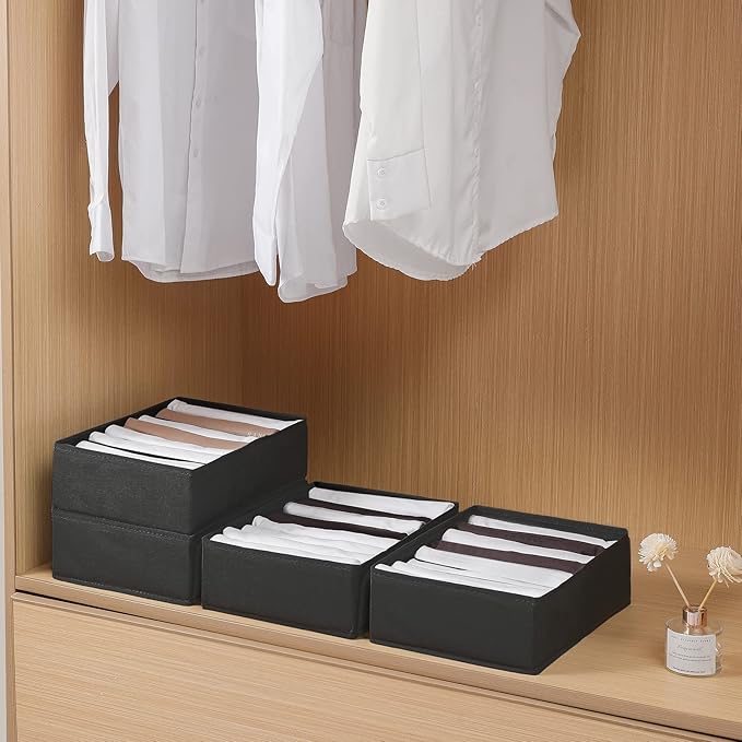 4 Packs T-shirt Drawer Organizers for Clothing,8 Grids Compartment Wardrobe Storage Box, Washable Clothes Organizer for Folded Clothes, Legging, Silk Scarve-Black