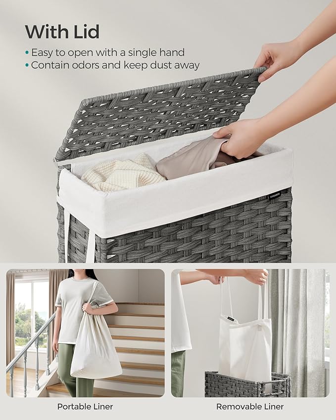 SONGMICS Slim Laundry Hamper with Lid, 14.5 Gallon (55L) Rattan Clothes Laundry Basket with Lid and Handles, Foldable, Removable Liner, Dove Gray ULCB164G01