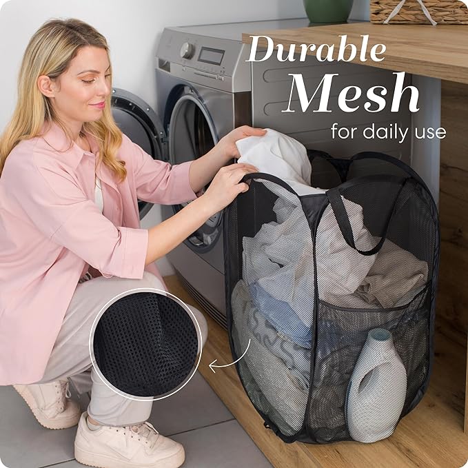 Handy Laundry Collapsible Mesh Pop Up Hamper with Wide Opening and Side Pocket - Breathable, Sturdy, Foldable, and Space-Saving Design for Clothes and Storage (Black | 2-Pack)