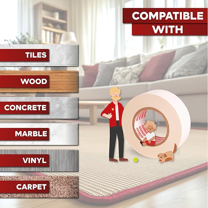 XFasten Double Sided Carpet Tape for Area Rugs, 2 Inch x 30 Yards (6-Pack) – Heavy Duty Anti Slip Rug Grip Tape, Works as Rug Gripper, Wood Safe, Easy Removal for Hardwood and Laminated Floors