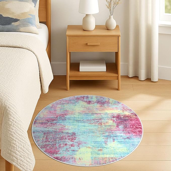 IOHOUZE Round Area Rug 3 Ft Circle Entryway Rugs Round Washable Door Mat Indoor Entrance, Non Slip Circle Front Door Rug, Printed Abstract Faux Wool Floor Carpet for Foyer Porch Sink, Pink Teal