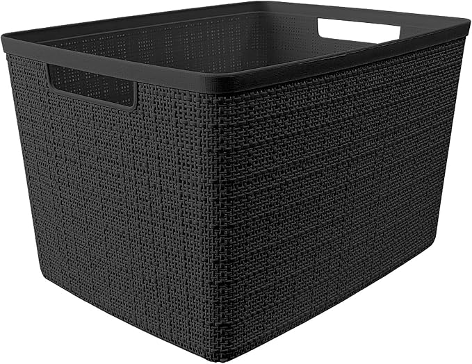 Curver Jute Large Decorative Plastic Organization and Storage Baskets, Perfect Bins for Home Office, Closet Shelves, Kitchen Pantry and All Bedroom Essentials, Pack of 4, Black