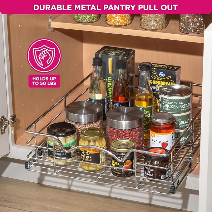 HOLDN’ STORAGE Heavy-Duty Premium Collection Pull Out Cabinet Organizer, Cabinet Drawer Slide Outs, Lifetime Limited Warranty - Basket Size 14" W x 21" D x 5" H, Anti-Rust Chrome Finish