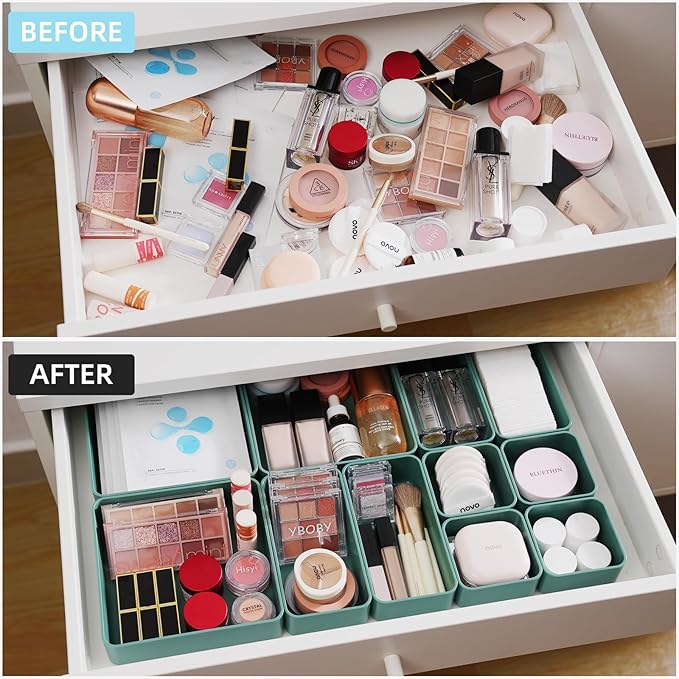11-Piece Stackable Drawer Organizer Set, Multi-size Desk Drawer Organizer Trays Vanity Storage Bins for Storing Makeup, Stationery, Utensils in Bathroom Dresser, Office and Kitchen