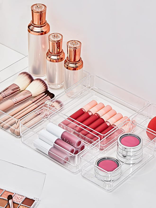 SMARTAKE 13-Piece Drawer Organizer with Non-Slip Silicone Pads, 5-Size Desk Drawer Organizer Trays Storage Tray for Makeup, Jewelries, Utensils in Bedroom Dresser, Office and Kitchen (Clear)