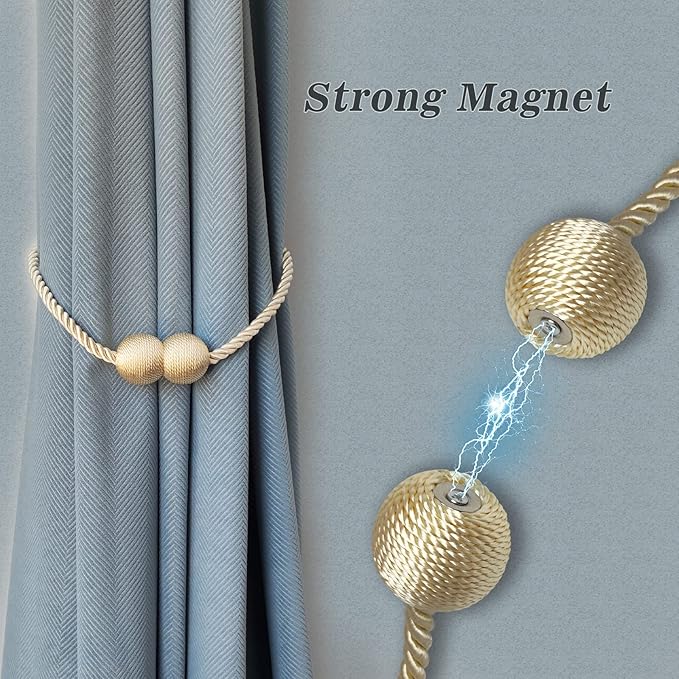 Hion Magnetic Curtain Tiebacks Gray Blue 4 Pack, Curtain Tiebacks Buckles Holdbacks Holders Hooks Clip for Home Bedroom Office Decorative Thick or Thin Curtain