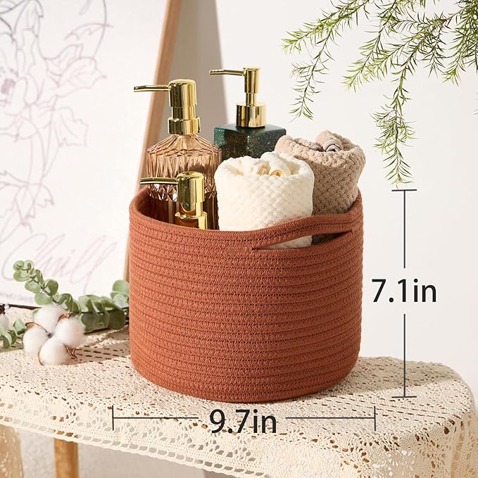 Small Basket for Organizing | Cube Shelf Closet Storage Baskets | 9.7×9.7×7.1” | Woven Rope Gift Basket | Nursery | Round 3 Packs Oxide Red