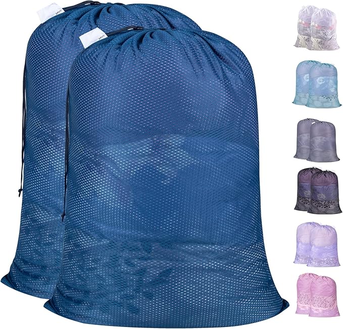 Polecasa Heavy Duty Large Mesh Laundry Bags with ID Tag and Locking Drawstring Closure - 2 Pack, 24 x 36 inches - Laundry Hamper Liner, Washable Laundry Bag for Travel, Sports, Dorms (Blue)