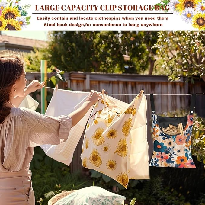 Colorful Gorgeous Flowers Rotatable Clothespin Storage Bag - Large Opening Waterproof Organizer for Laundry Room, Garden and Clothesline Hanging