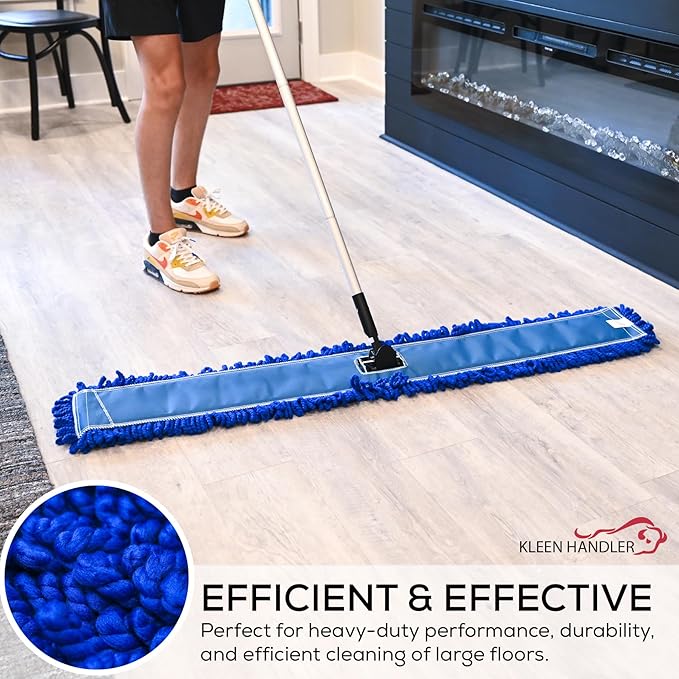 KLEEN HANDLER 48 Inch Microfiber Dust Mop, X-Large Washable Commercial, Sweeper, Janitorial Head Replacement, Push Mop Broom, Blue