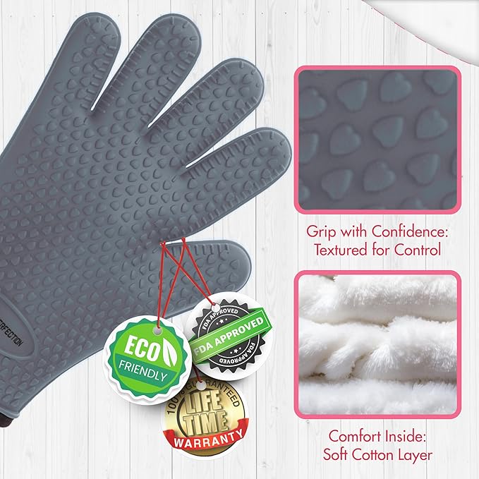KITCHEN PERFECTION XL Silicone Smoker Oven Gloves for Women -Extreme Heat Resistant BBQ Gloves -Handle Hot Food Right on Your Grill Fryer&Pit|Waterproof Grilling Cooking Mitts|Superior Set+3 Bonuses
