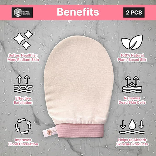 – Vegan Silk Exfoliating Glove (2pcs) for Face, Body, and Hands | Natural Body Scrubber for Dead Skin Removal | Exfoliating Mitt Eco-Friendly, Perfect for Spa, Bath, and Shower