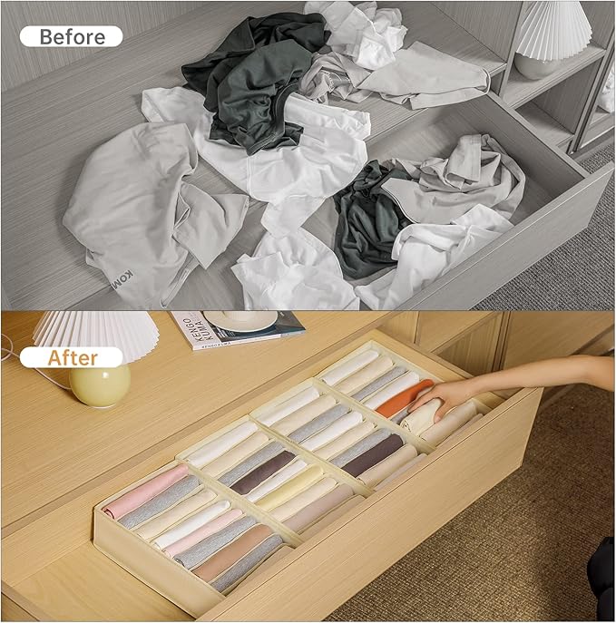 4 Packs T-shirt Drawer Organizers for Clothing,10 Grids Compartment Wardrobe Storage Box, Washable Clothes Organizer for Folded Clothes, T-shirt, Legging-Beige
