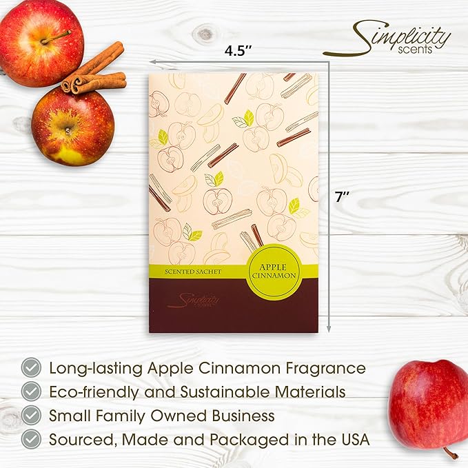 Simplicity Scents Apple Cinnamon Scented Sachets Pack of 6, Fall & Winter - Long-Lasting Scented Bags, Home Fragrance, Air Freshener & Deodorizer for Closet, Room, Drawer, or Cars, Made in USA