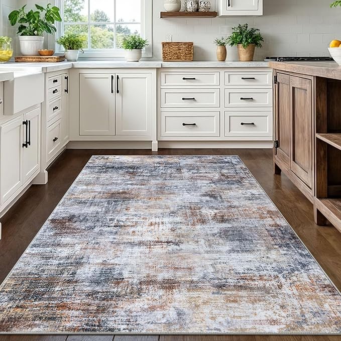IOHOUZE Abstract Area Rugs 5x7 Ft Washable Rugs for Living Room, Non Slip Dining Room Rug, Printed Faux Wool Rugs for Bedroom, Floor Carpet for Office Nursery Playroom, Orange Grey