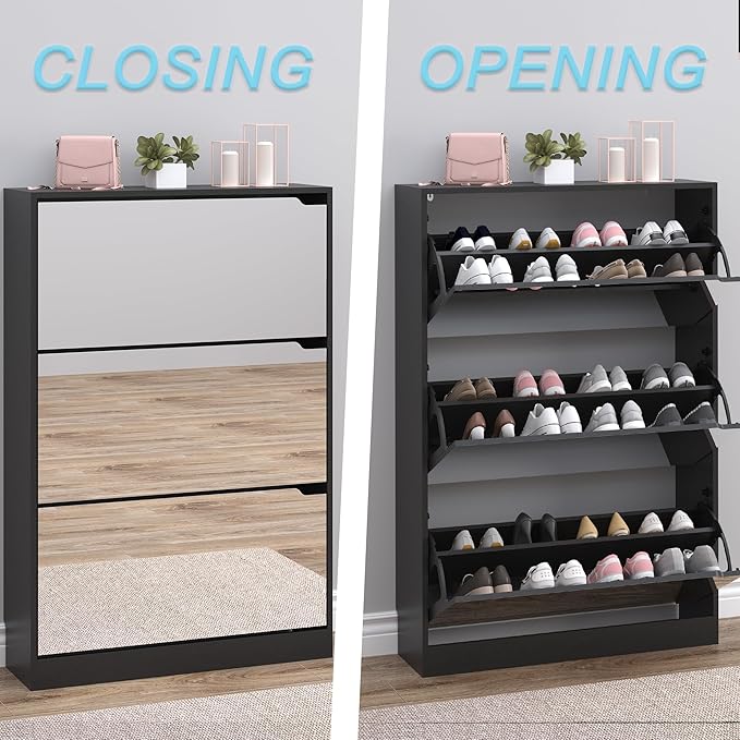 Shoe Cabinet with 3-Flip Mirror Drawers, Freestanding Shoe Rack Organizer with Hidden Handle, Slim Narrow Shoe Storage Cabinet for Entryway, Entrance, Hallway, Bedroom