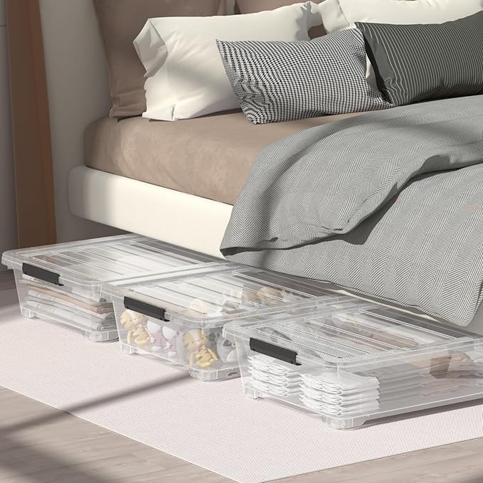 3 Packs 40 Quart Large Under Bed Storage Box, Wheeled Under Bed Storage Containers, Clear