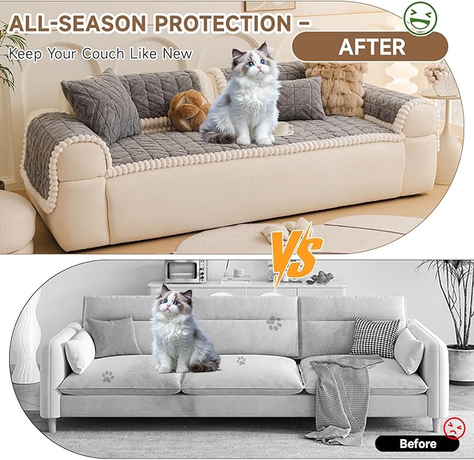 OTOB Plush Couch Cover for Dogs Washable, Non Slip Fuzzy Soft Armrest Backrest Sofa Slipcovers Geometric Jacquard Pet Friendly Couch Covers Protector All Season, 1 Piece (Gray, 27.6"x27.6")