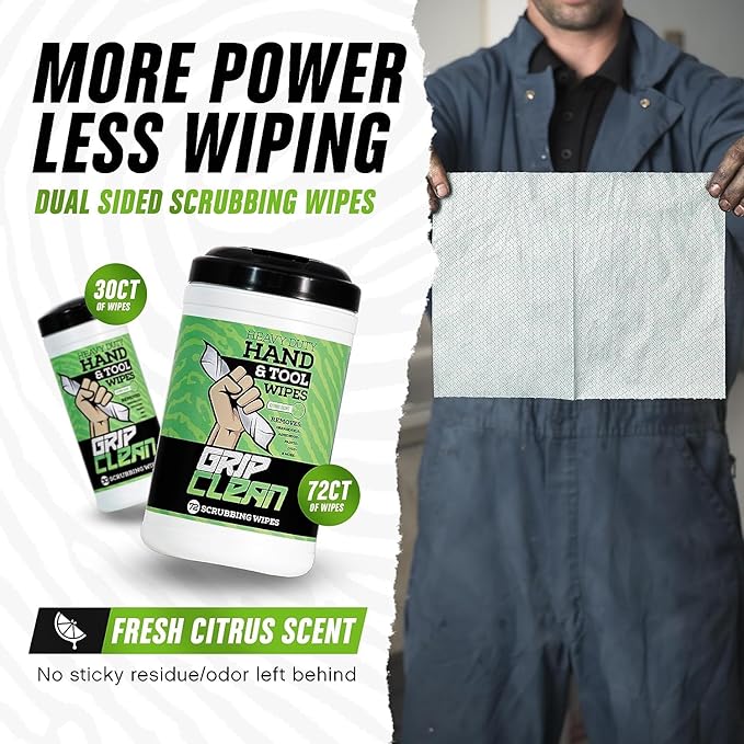 Grip Clean Heavy Duty Hand & Tool Cleaning Wipes – Waterless Hand Cleaner for Mechanics, Garage & Shop Use – Dual-Sided Grease, Oil & Paint Remover Wipes with Citrus Scent - 72ct (6 Pack)