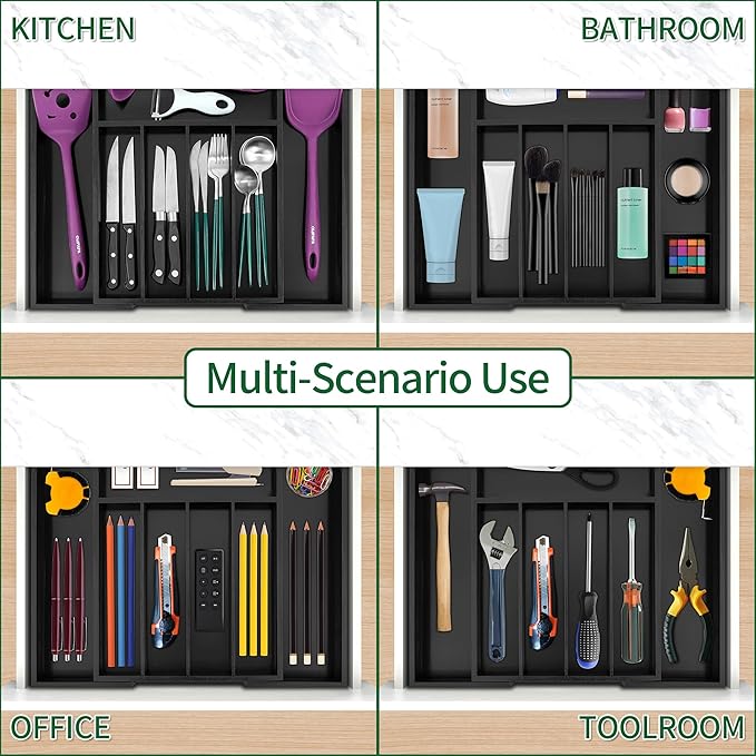 Utoplike Bamboo Silverware Drawer Organizer, Expandable Kitchen Utensils Drawer Organiser, Cutlery Tray Dividers, Flatware Caddy Drawer Insert, Office Supplies, Black 5-7 Slot