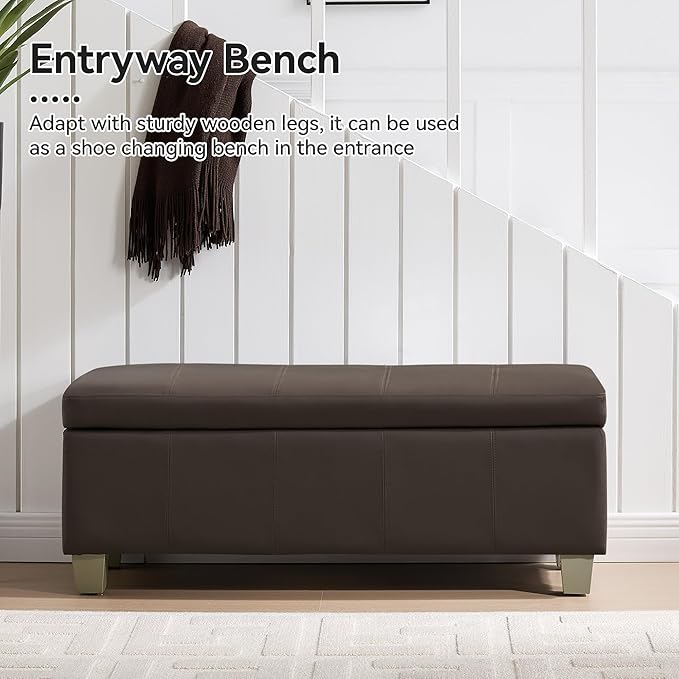 41" Faux Leather Storage Ottoman, Stitch Tufted Rectangle Upholstered End of Bed Storage Bench, Entryway Large Couch Ottoman with Wooden Legs,Brown