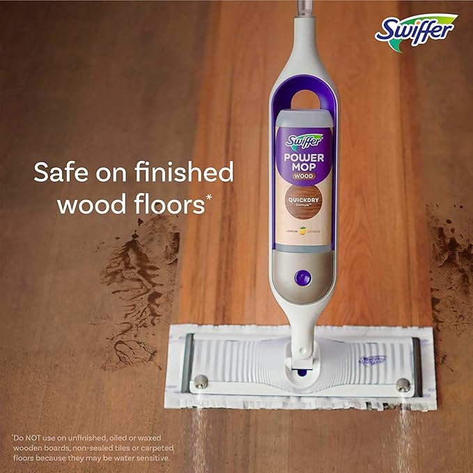 Swiffer Power Mop Wood, Hardwood Floor Cleaner for Mopping Home, Bathroom, Kitchen, All Purpose Multi-Surface Cleaning Set includes PowerMop Wood, 2 Pads, 1 QuickDry Lemon Solution, & 2 Batteries