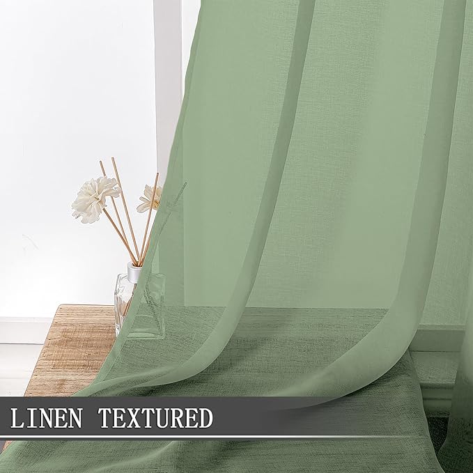 Tollpiz Short Sheer Curtains Living Room Linen Textured Curtain Sheers Light Filtering Voile Rod Pocket Curtains for Bedroom, 38 x 45 inches Long, Sage Green, Set of 2 Panels