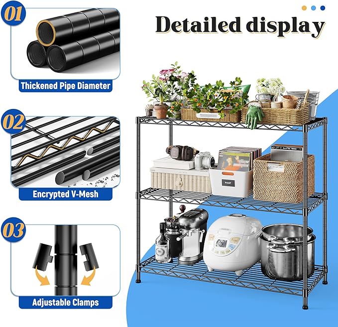 3- Shelf Metal Shelving Unit 35.6Wx14Dx36H Adjustable Storage Shelves Heavy Duty Garage Shelving Steel Wire Shelving for Laundry Bathroom Kitchen Pantry Closet Garage Black