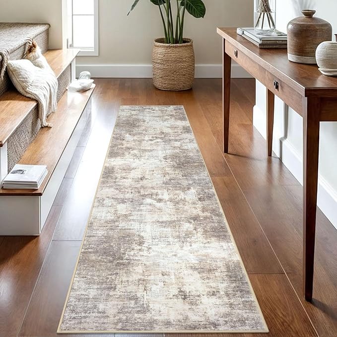 IOHOUZE Abstract Runner Rug 2x8 Ft Washable Runners for Hallways, Non Slip Kitchen Runner Printed Faux Wool Entryway Runner Indoor, Modern Abstract Floor Carpet for Hall Kitchen Bedroom, Beige Brown