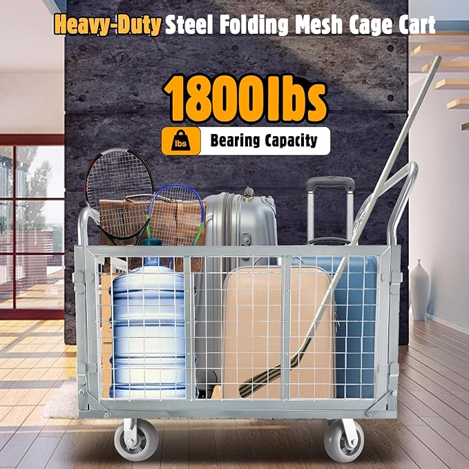 Platform Truck Cart with Cage, 6 in1 Foldable Flatbed Cart Heavy Duty Push Cart Dolly W/Swivel Wheels 1800lbs Capacity Multipurpose Hand Cart for Grocery/Laundry/Stall/Storage