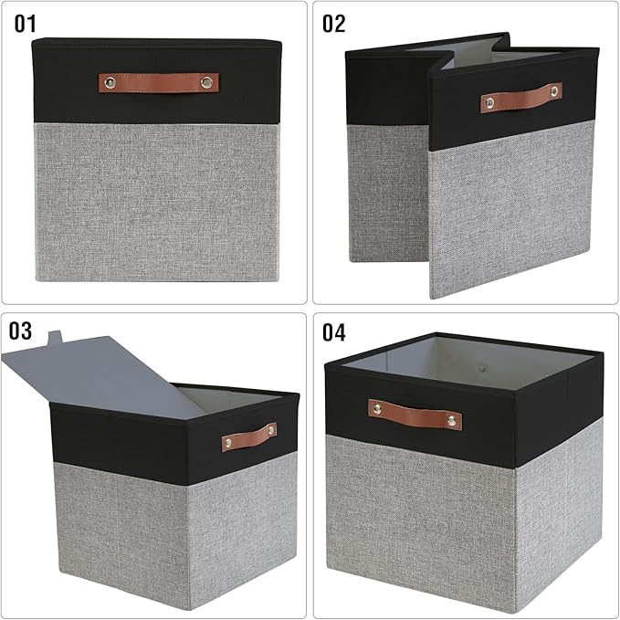 Collapsible Fabric Storage Cube Bins with 2 Reinforced PU Handles, Foldable Storage Organizer Baskets for Closet, Shelves, Living Room | 13"x13"x13", 4 Pack, Black & Gray