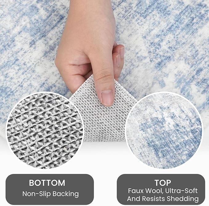 IOHOUZE Abstract Area Rug 3x5 Ft Washable Rugs for Entryway Indoor, Non Slip Kitchen Rug Printed Faux Wool Throw Rugs, Indoor Door Mat for Door Entrance Foyer Living Room, Light Blue White
