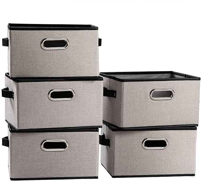 PRANDOM Fodable Storage Baskets for Closet [5-pack] Decorative Fabric Storage Bins Cubes with Leather/Metal Handles for Shelves Bedroom Living Room Light Grey (11.5x8.5x6.7 Inch)