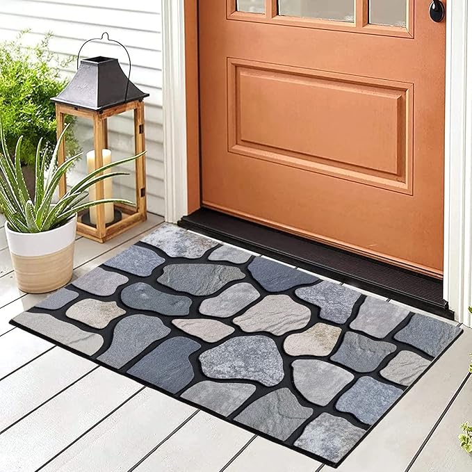CHICHIC Welcome Door Mat 18X 30 Inch Front Doormat Outdoors for Home Entrance Outdoors Mat for Outside Entry Way Doormat Entry Rugs, Heavy Duty Non Slip Rubber Back Low Profile, Stone