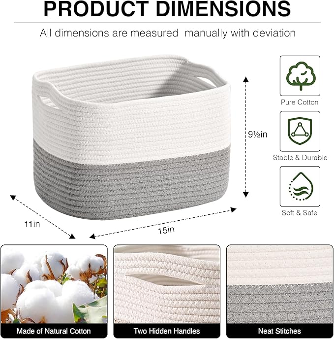 Woven Cotton Rope Storage Basket for Organizing, Cute Decorative Baskets for Gifts Empty, Organizer Bins for Dog Toy, Baby Laundry, 15“×11”×9.5“, Off White & Grey