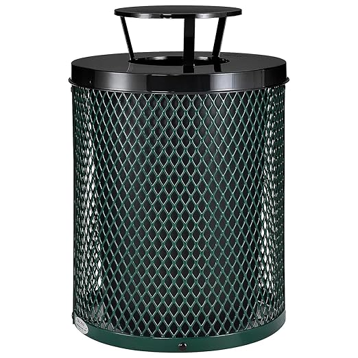 Global Industrial Outdoor Diamond Steel Trash Can with Rain Bonnet Lid and Plastic Liner, 36 Gallon Capacity, Green, Thermoplastic Coating, 23-1/2" Diameter, 40-1/2"H