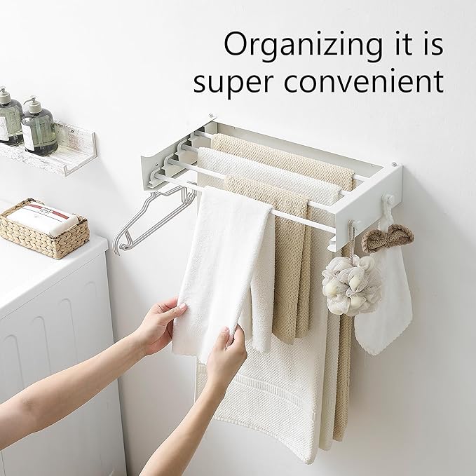 Clothes Drying Rack, Laundry Hanger Dryer Rack, Wall Mounted Drying Rack for Laundry, Foldable Drying Rack Indoor Outdoor,19.7" Wide,4 Aluminum Rods with Hooks, 40 lb Capacity (White 19.7" Hooks)