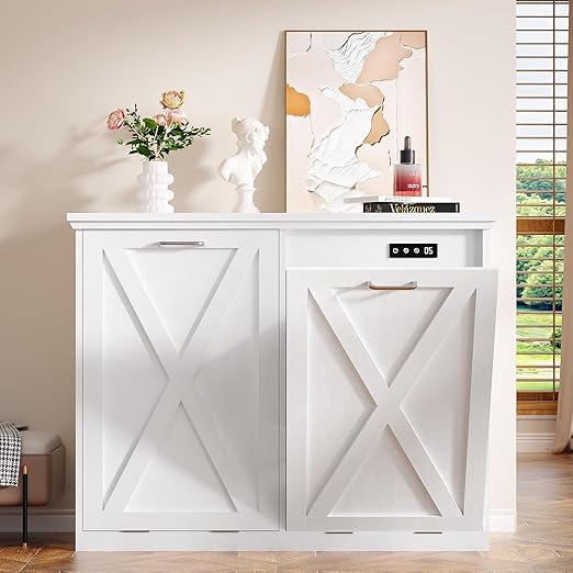 Betterhood TOLEAD Tilt Out Trash Can Cabinet, Hidden Trash Bin with Deodorizing & Negative Ion System, Pet-Proof Kitchen Waste Cabinet for Kitchen, Dining Room, Living Room (White, 2 * 13 Gallons)
