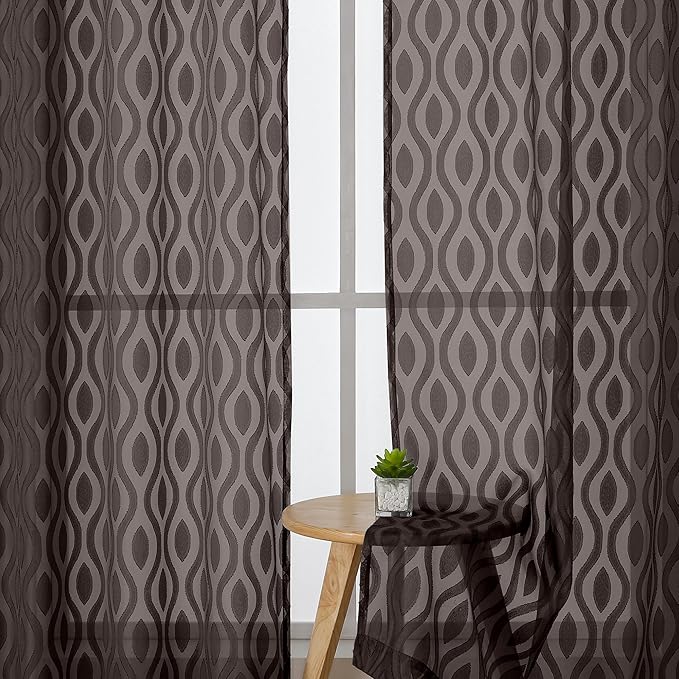 Aiyufeng Brown Sheer Curtains 72 Inches Long 2 Panels, Lightweight Clip Jacquard Textured Sheer Privacy Curtains for Bedroom Living Room, Classic Wavy Line Design Door Curtains, 40" Wx72 L Inches