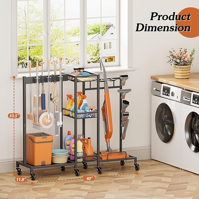 Broom Holder with Cleaning Supplies Organizer, Broom Closet Storage Cabinet with Cleaning Caddy Vacuum Stand, Cleaning Cart with Mop Hanger Gripper Rack Hook, Laundry Room Organization Home Essentials